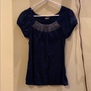 navy blue blouse with sliver beaded neck